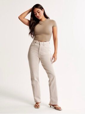 Abercrombie & Fitch 90’s Straight Ultra High Rise 29 8 R Curve Love Beige Grey